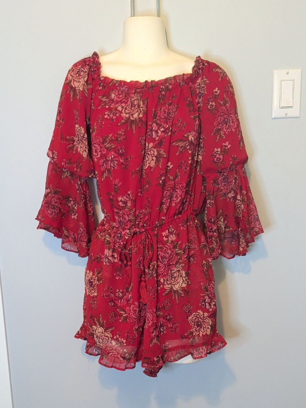 American Eagle Outfitters Bright Red Floral Off-Shoulder Romper